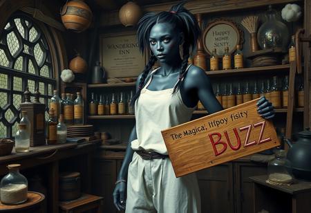 Surreal masterpiece, A stich Woman made out of dark cotton cloth in a magical alchemists shop.
She has black hair in braids and pulled into a ponytail, and dark cotton skin. She has clearly defined muscles and a frantic, profit eager gaze.
 She is dressed in a  comfortable, sleeveless white shirt. and long, loose pants. 
The image shows her white stitch-marks around each shoulder and her neck, and stitches going all down her right arm in contrast to her cotton structured dark skin.
She holds a sign with colourful lettering. Text: (((I ran out of Buzz, while creating for the Wandering Inn.)))