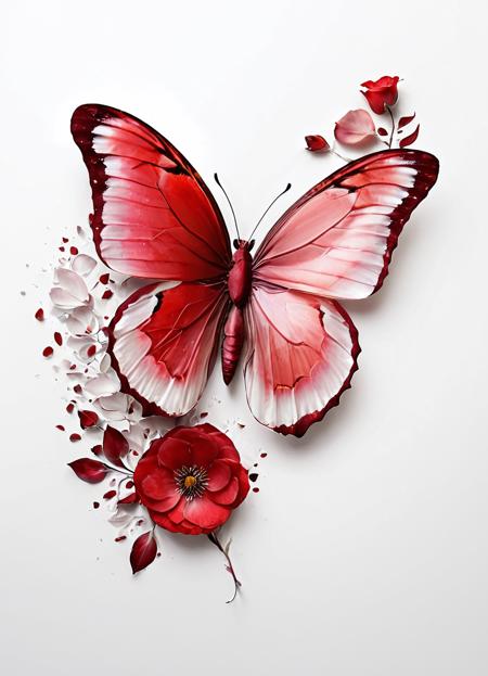 "A butterfly made entirely of deep red rose petals, gracefully soaring in mid-air against a pure white background. As the butterfly flies, individual rose petals gently fall from its wings, creating a trail of rich, velvety red petals fluttering downward. The butterfly's wings are intricately crafted with layered petals, showing lifelike movement and texture, while the scattered petals below create a sense of motion and elegance. The white background provides a clean, shadow of spider on the edge, minimalist contrast, emphasizing the vivid red of the petals and the delicate, romantic beauty of the scene." <lora:mother:0.7>  <lora:Bio-Luminescence:1>, close-up , detailed , magnified , by Robert Mapplethorpe, Olegas Truchanas, Karl Blossfeldt, Thomas Shahan, David Liittschwager
