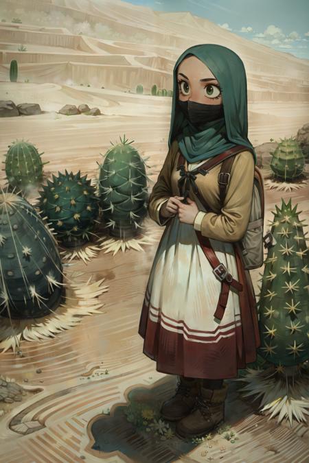 1girl, blonde hair, solo, desert, scarf, outdoors, sand dunes, horizon, backpack, hazel eyes, day, scenery, braids, cactus, rocks, long hair, shade, boots, burqa, sandstorm