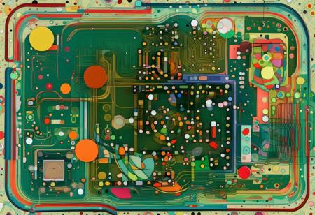 Abstract complex various mixed media projection, retrolighted plastics and glass, minimalist in shape but excessivist in details, circuitery by Kandinsky, optical chromatic layered plays, childish basic doodle drawing, electronics and chips, 3D, blender, digital art, hyperdetailled texture