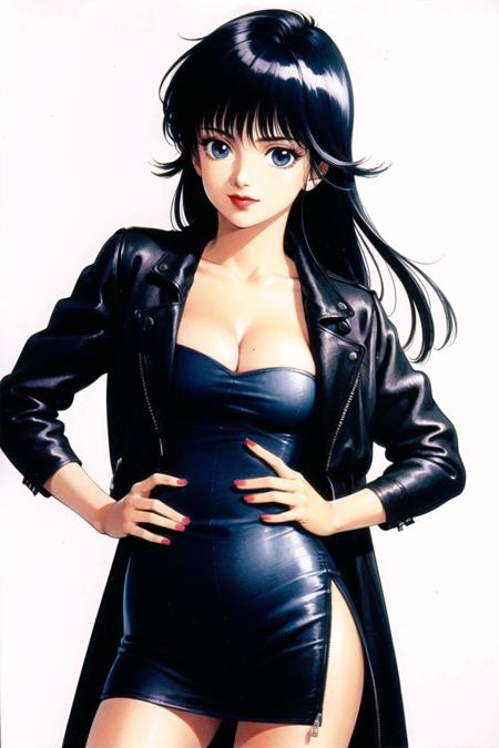 takada akemi, ayukawa madoka,

1980s \(style\), 1girl, black dress, black hair, breasts, cleavage, dress, hand on hip, jacket, leather, leather jacket, lipstick, long hair, makeup, medium breasts, nail polish, open clothes, open jacket, painting \(medium\), retro artstyle, sleeves past wrists, solo, traditional media, watercolor \(medium\)

<lora:takada_akemi_offset:1>