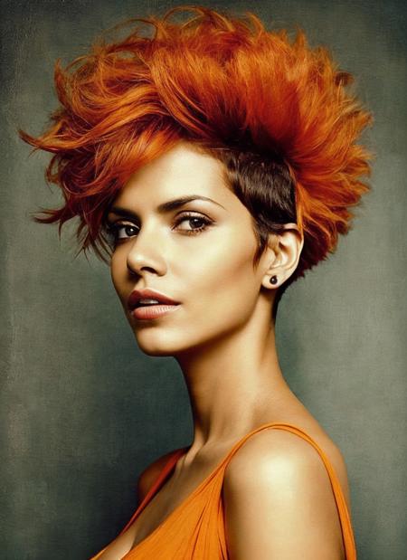 portrait of sks woman by Flora Borsi, style by Flora Borsi, bold, bright colours, orange Mohawk haircut, ((Flora Borsi)), <lora:locon_halle_v1_from_v1_64_32:1.3>