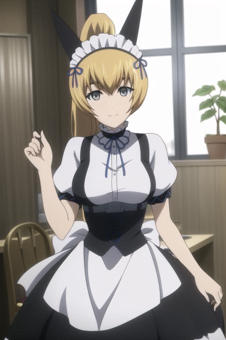 (masterpiece), high quality, (detailed background), 1girl, solo,
<lora:SteinsGateMayuri-v1-06:0.7>, ChopioMayuri, grey eyes, (looking at viewer:1.3),
blonde hair, long hair, ponytail,
outfit_2, fake animal ears, choker, ribbon, maid, maid headdress, belt,
 smile,
cafe,