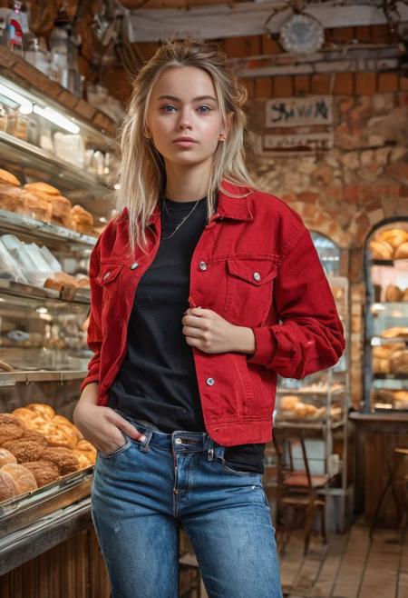 1girl. black t shirt oversized, blue jeans, red jacket, open jacket,
expressive eyes, perfect face, 
in the bakery shop,
(full body:4),
pretty features, Wadim Kashin, James Gurney, amazing beauty , Royo, Bak, hyper detailed Splash art modern European, hyper detailed photography, soft light, cover, high resolution, intricately detailed, cinematic LUT,