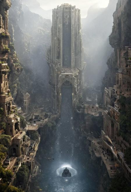 POV view , DOF,
(Ancient civilization, Alien Prometheus movie scene, dune movie scene:1.5), (The colonial city of the future, in the mist-filled Grand Canyon, on an unknown Earth-like planet, 2 moon on sky, Spaceship flight connects colonies, waterfulls:1.3), (Machu Picchu, a mountain settlement, incredibly spectacular:1.2), (Mario Botta:1.3), (avant-garde, future, reality, science fiction, photorealistic), (modern architecture:1.2), White limestone with black granite, fountain, waterfall, landmark, square, path, narrow street,
(Large Files, Ultra Realistic, 8K, 16k, FHD, HD, VFX, Perfect, Photography, composition, Architecture Sales Photography, Architecture Competition, Ultra High Resolution, Cinematography, High Resolution Image:1.1), (dramatic lighting, direct sunlight, ray tracing, clear shadow:1.2),  (real landscape:1.1), (blurred background:1.0), (urban background, more_details) ,
great lighting, clear, hillscastel, <stardeaf-cold-arc>, xtower, industrialbuilding