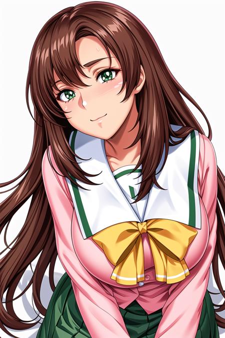 Simple White Background,
(pink_jacket:1.1),(Green_pleated_skirt),(Green_sailor_collar), school_uniform, serafuku,long_sleeves,Yellow_bowtie,
<lora:Moeko_Fujima_Shuusaku-KK77-V1:0.7>,
green eyes,long hair,brown hair, Bangs,
<lora:Mariana_Luciano_NON_VIRGIN-KK77-V1:0.3>,<lora:more_details:0.1>,
1 girl, 20yo,Young female,Beautiful Finger,Beautiful long legs,Beautiful body,Beautiful Nose,Beautiful character design, perfect eyes, perfect face,expressive eyes,perfect balance,
looking at viewer,(Focus on her face),closed mouth, (innocent_big_eyes:1.0),Light_Smile,
official art,extremely detailed CG unity 8k wallpaper, perfect lighting,Colorful, Bright_Front_face_Lighting,shiny skin, 
(masterpiece:1.0),(best_quality:1.0), ultra high res,4K,ultra-detailed,
photography, 8K, HDR, highres, absurdres:1.2, Kodak portra 400, film grain, blurry background, bokeh:1.2, lens flare, (vibrant_color:1.2),professional photograph, 
(Beautiful,large_Breasts:1.4), (beautiful_face:1.5),(narrow_waist),