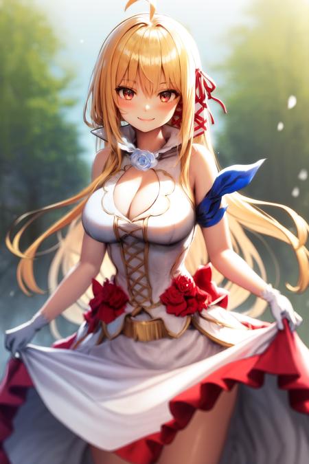 1girl aliceliese ahoge hair ribbon blue armband arm ribbon cleavage cutout white flower white dress sleeveless dress red bow red skirt white gloves frills high collar