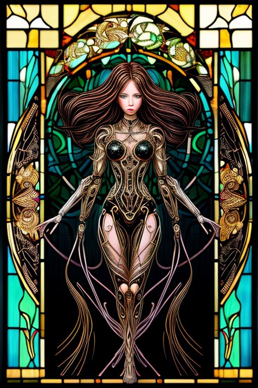 A humanoid AI represented in Art Nouveau style, with intricate, flowing lines and decorative patterns. She has a serene expression, her hair a cascade of metallic threads intertwined with floral motifs. Her body is partly robotic, with gold and pearl accents, seamlessly blending with organic forms. The background is a stained-glass-style design, featuring celestial and floral imagery. Art style: detailed, ornamental, and vintage-inspired.