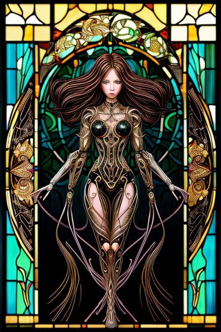 A humanoid AI represented in Art Nouveau style, with intricate, flowing lines and decorative patterns. She has a serene expression, her hair a cascade of metallic threads intertwined with floral motifs. Her body is partly robotic, with gold and pearl accents, seamlessly blending with organic forms. The background is a stained-glass-style design, featuring celestial and floral imagery. Art style: detailed, ornamental, and vintage-inspired.