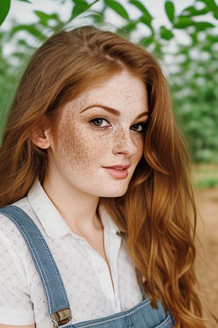 photography of an (closeup portrait) woman, realistic <lora:FayeReagan3:1>  wearing overalls white shirt on farm, vibrant colors [freckles]