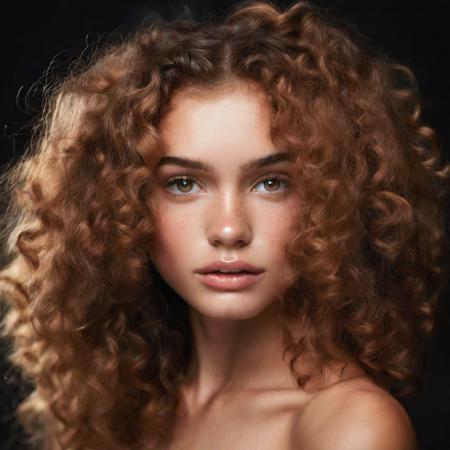 a gorgeous brunette curly haired girl with pale skin freckles and honey eyes, Victoriaâs Secret angel front facing