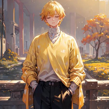 (((master piece))),((best quality)),((((park)))), detailed,1boy, standingn, yellow hair,white shirt,buttoned sweater,pants,closed eyes<lora:Zenitsu-06:0.9>, ultra detailed face