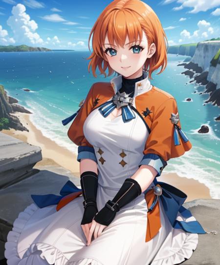 portrait, (adult woman), (1girl, solo), smile, (orange hair), ((coast, bay, cliffs, ocean)), (distant castle on a cliff), ((best quality, high detail)), ((masterpiece)), <lora:Annette_FE:0.7> (annette_war), medium hair, caplet, gloves, dress, <lora:1_izumitsubasa_4e:1>