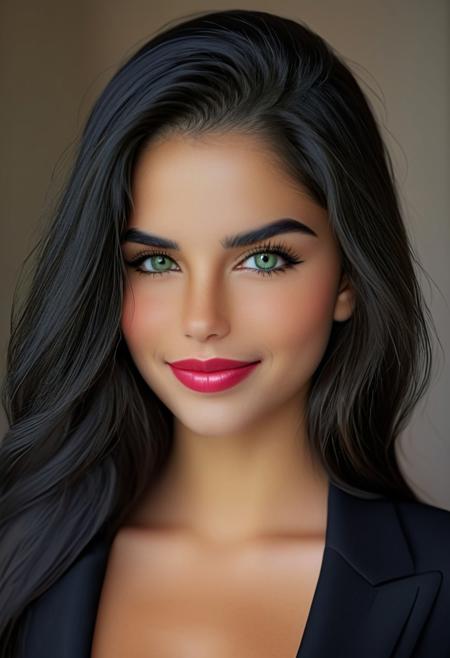 photorealistic, epic realism, (masterpiece), (Realistic photo), (High quality), (RAW photo 8k), (upper body), (Photography by Steve McCurry), incredibly absurdres, young, supermodel, 1girl, solo, ((upper body, portrait, looking at the viewer)), (outline defined full lips:1.4), (green/hazel eyes), perfect symmetrical eyes, long eyelashes, wearing a black modern designer (suit:1.4), (highly detailed, intricate), ((black hair:1.4), modern hairstyle, hair intakes, detailed long hair, (healthy hair, silky hair, voluminous hair)), ((natural, eyeliner, pink lipstick, seductive smiling expression, closed mouth, closed lips, highly detailed face)), (exceptional Detail Clarity, dynamic angle, DSLR, hyper-detailed), (fine details, sharp focus, depth of field).