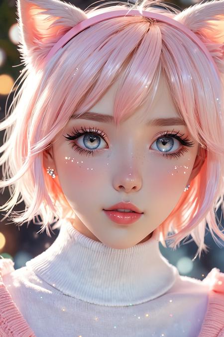 masterpiece, best quality, ultra-detailed, kawaii anime femboy, pretty boy, feminine and cute, soft androgynous face, big sparkly eyes, long eyelashes, light blush, glossy lips, slim neck, delicate features, small nose, pastel hair, cat ear headband, soft lighting, frilly choker, oversized turtleneck sweater (sleeves covering hands), camera-facing pose, close-up portrait, dreamy bokeh background, heart sparkles, upper body only, anime screencap, soft cel shading, boyish frame, feminine styling