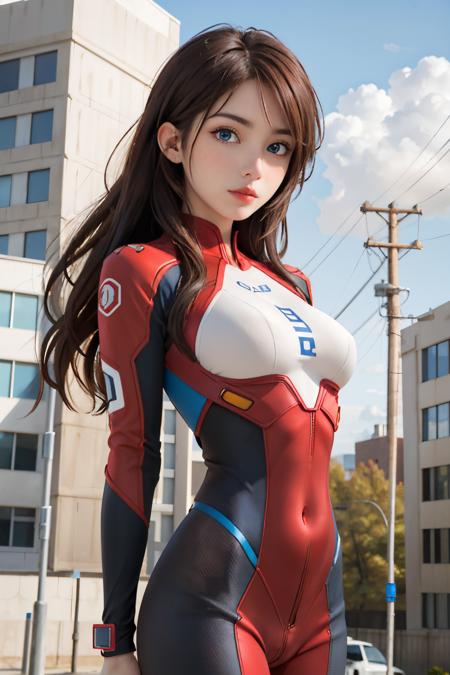 1girl, blue_eyes, blue_sky, bodysuit, breasts, brown_hair, building, cloud, cloudy_sky, covered_navel, day, lips, long_hair, looking_at_viewer, medium_breasts, multicolored_clothes, outdoors, plugsuit, power_lines, realistic, red_bodysuit, shiny, sky, solo, souryuu_asuka_langley, standing,  <lora:sweetyMixGirl_V2:0.8>