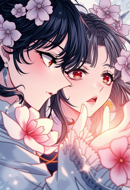 A strong, moody style shoujo manga close-up shot of Fire Essences.  The detailed focus and low contrast highlight elegant linework, pastel palettes, and a dreamy composition. Expressive characters in dynamic poses, sparkling details and floral motifs are set within a fantastical setting showcasing emotional storytelling.