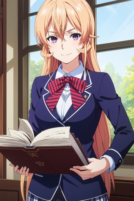 <lora:anime_screencap_v2:0.3> tall body, tall, long legs, mature female, mature, adult, <lora:GoodHands-vanilla:1.4>
 <lora:Erina_Prodigy:0.8> Erina_Prodigy, 1girl, solo, long hair, purple eyes, school uniform, smile, looking at viewer, blonde hair, jacket, upper body, bangs, striped, striped bow, bow, blue jacket, long sleeves, hand on own chin, window, indoors, bowtie, hair between eyes, holding, closed mouth, striped bowtie, blazer, shirt, book, white shirt