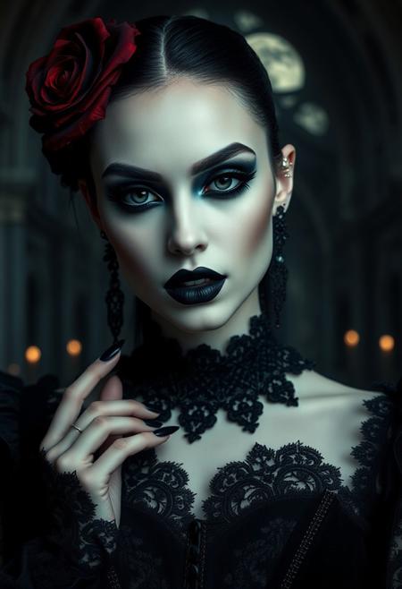 gothic makeup, dark elegance, (pale skin:1.3), black lipstick, heavy eyeliner, (overexposed:-1), deep shadows, intricate lace patterns, sharp features, (lowres:-1), (muted colors:-1), (dull:-1), dramatic contouring, intense black eyeshadow, dark glam, blood-red accents, (blurry:-1), (sharp focus), rich, deep blacks, crimson highlights, dark lace choker, heavy metallic jewelry, gothic fashion, (flat lighting:-1), high-definition, glowing pale skin, ultra-realistic, cinematic, dark eye makeup, (bad anatomy:-1.4), (high resolution:1.3), (subtle makeup:-1), vampire-inspired beauty, matte skin, ornate corset, dark roses, dramatic lighting, cathedral background, heavy piercings, (good anatomy:1.4), surreal beauty, glossy black nails, deep burgundy tones, moonlit glow, gothic horror, darkly seductive, Victorian gothic, velvet textures, (high-fashion gothic:1.2), nightmarish elegance, ethereal darkness, dramatic face, perfect porcelain skin, haunted allure, baroque elements, (over-the-top gothic styling:1.4), luxurious shadows, exaggerated smokey eyes, ultra-detailed lace