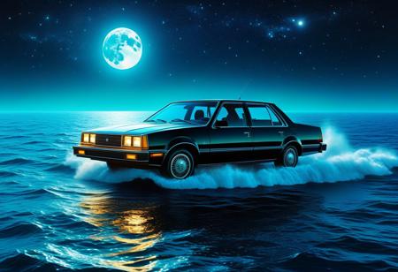 Surrealism, A 1980's automobile driving on the surface of the sea, at night, The moon is gigantic in the sky and there are stars and colorful nebulae in the sky, Epic cinematic brilliant stunning intricate meticulously detailed dramatic atmospheric maximalist digital matte painting, highly detailed, very defined, refined, follow negative prompts