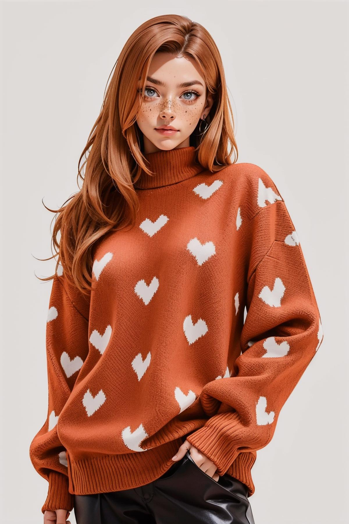 A young woman wearing a heart-patterned sweater.