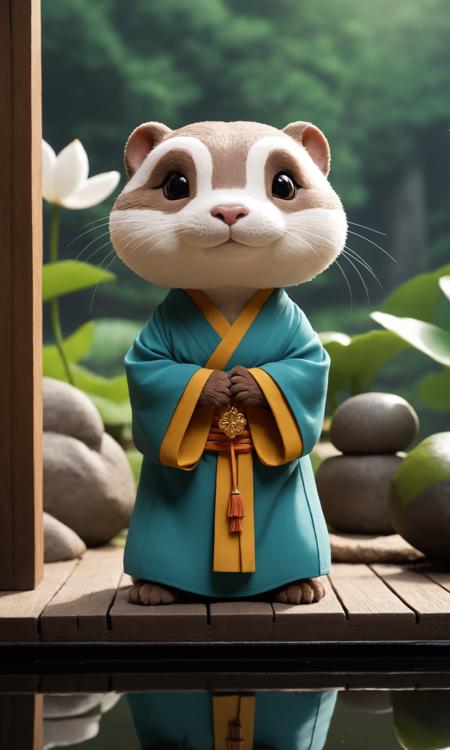 cinematic still A chibi anthro otter girl monk in a peaceful 1960s dojo, an open door showcasing a tranquil view of Mount Fuji surrounded by lotus blossoms floating in a serene pond. She wears traditional monk robes tied with a sash, her dynamic pose full of playful yet focused energy. With small rounded otter ears, shiny whiskers, and an adorable button nose, she exudes charm. Her webbed feet are bare, emphasizing her natural connection to the water and the meditative setting . emotional, harmonious, vignette, 4k epic detailed, shot on kodak, 35mm photo, sharp focus, high budget, cinemascope, moody, epic, gorgeous, film grain, grainy, (masterpiece), (best quality), (ultra-detailed), A chibi anthro otter girl monk in a peaceful 1960s dojo, an open door showcasing a tranquil view of Mount Fuji surrounded by lotus blossoms floating in a serene pond. She wears traditional monk robes tied with a sash, her dynamic pose full of playful yet focused energy. With small rounded otter ears, shiny whiskers, and an adorable button nose, she exudes charm. Her webbed feet are bare, emphasizing her natural connection to the water and the meditative setting, illustration, disheveled hair, detailed eyes, perfect composition, moist skin, intricate details, earrings, pixel-art A chibi anthro otter girl monk in a peaceful 1960s dojo, an open door showcasing a tranquil view of Mount Fuji surrounded by lotus blossoms floating in a serene pond. She wears traditional monk robes tied with a sash, her dynamic pose full of playful yet focused energy. With small rounded otter ears, shiny whiskers, and an adorable button nose, she exudes charm. Her webbed feet are bare, emphasizing her natural connection to the water and the meditative setting . low-res, blocky, pixel art style, 8-bit graphics, A chibi anthro otter girl monk in a peaceful 1960s dojo, an open door showcasing a tranquil view of Mount Fuji surrounded by lotus blossoms floating in a serene pond. She wears traditional monk robes tied with a sash, her dynamic pose full of playful yet focused energy. With small rounded otter ears, shiny whiskers, and an adorable button nose, she exudes charm. Her webbed feet are bare, emphasizing her natural connection to the water and the meditative setting, cinematic, sharp focus, handsome detail, intricate, elegant, very inspirational, color rich deep colors, striking complimentary aesthetic, perfect symmetry, ambient light, enhanced quality, creative, innocent, beautiful, magical, pure, rational, cute