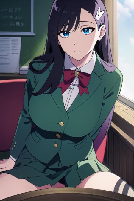 noelniihashi, <lyco:noelniihashianime-LYCORIStest:1>,
noel niihashi long hair, blue eyes, black hair, hair ornament, hairclip, (large breast:1.2),
BREAK skirt, shirt, long sleeves, bow, school uniform, jacket, white shirt, pleated skirt, collared shirt, bowtie, red bow, plaid, capelet, blazer, green skirt, green jacket,
BREAK looking at viewer,
BREAK indoors, classroom,
BREAK <lora:GoodHands-vanilla:1>, (masterpiece:1.2), best quality, high resolution, unity 8k wallpaper, (illustration:0.8), (beautiful detailed eyes:1.6), extremely detailed face, perfect lighting, extremely detailed CG, (perfect hands, perfect anatomy),