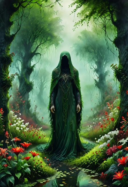 A ghostly apparition of a spectral individual standing amidst a hauntingly beautiful landscape of eerie green and dark red flowers, alongside otherworldly trees, is portrayed in this digital art piece. The person's hair appears to be composed of shimmering, ethereal spirits. The scene takes place in a swampy, mysterious setting, where spectral wraiths can be seen lurking around. This artwork is deeply rooted in the dark fantasy genre, with intricate details and meticulous craftsmanship that make it a true masterpiece. The use of soft watercolor and oil paints creates a somber, melancholic atmosphere, evoking feelings of sadness and loss in the viewer.