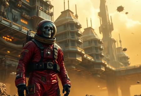 A cinematic shot of an undead lich astronaut in a vibrant metallic red spacesuit standing in the foreground, with a massive, ziggurat spacestation as the backdrop. The spacestation is adorned with numerous lights, windows, and technical details. The astronaut's suit is equipped with various gadgets and patches. The atmosphere is filled with floating debris and a hazy golden glow
