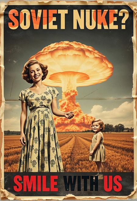 “A decayed, vintage-style poster from 1957, weathered and torn, depicting a surreal American country scene. The faded image shows a woman in a floral-patterned 1950s dress holding her young daughter’s hand, her wide, mad smile radiating an eerie charm. In the far background, a massive nuclear mushroom cloud dominates the sky, with fiery orange fireballs at its base and visible blast waves rippling through the landscape. The poster’s bold text, ‘SOVIET NUKE?’ across the upper section and ‘SMILE WITH US’ in the lower section, is faded, smeared, and inked with scribbles and stains. The paper appears rotten, with tears, creases, and discolored edges, evoking a haunting sense of abandonment and decay, adding to the unsettling atmosphere of the piece.”