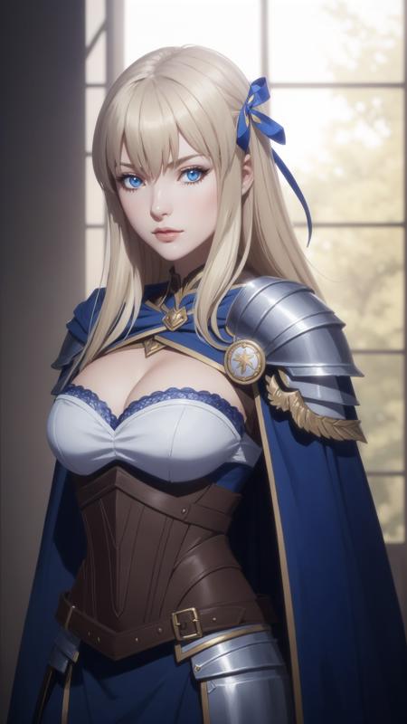 eris blonde hair, blue eyes, blue ribbon in hair, knight outfit, gray metal shoulder pauldron, blue cape