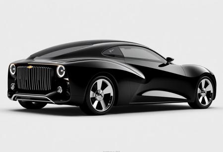 retro-futuristic 4-door chevy, sleek black body, streamlined design with subtle curves, reduced bubble effect, large rounded headlights with integrated LED rings, bold fenders, refined chrome grille with vertical slats, aerodynamic roofline, low and wide stance, smooth doors seamlessly integrated, deep glossy black finish, chrome accents around windows and lights, sculpted rear with modern rounded taillights, jet-age-inspired design, futuristic yet classic, elegant and refined, four-door layout, sophisticated coupe silhouette, ultra-realistic textures, high-resolution, timeless design combining classic elegance with futuristic elements, subtle chrome highlights, powerful yet sleek appearance, (excessive curves:-1.5), (boxy design:-1.6), (supercar influence:-1.6), (flat shapes:-1.6), (over-the-top luxury cues:-1.5)