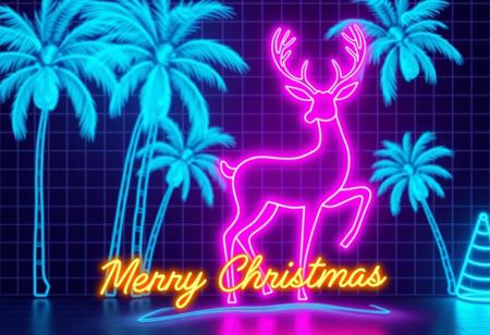 "Design a retro-themed Christmas card with a glowing neon reindeer outlined in bright pink and purple, reminiscent of 80s aesthetics. The background features a grid pattern and palm trees glowing in soft blue neon. 'Merry Christmas' shines in vibrant yellow neon script, adding to the nostalgic design."