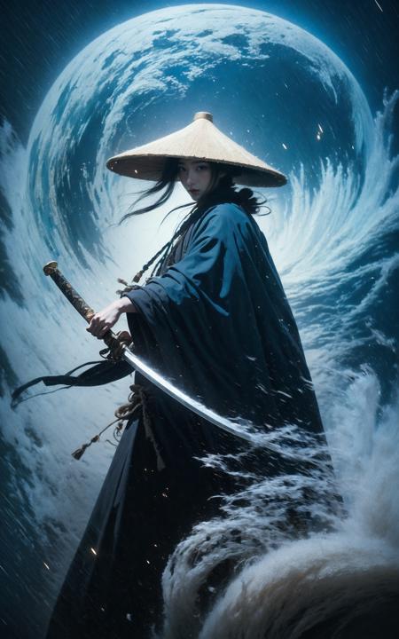 Painting, a Chinese warrior with his holding a sword, swirling cyclone, bamboo hat, super wide-angle lens, colorful arrangements, shige's visual aesthetic style, made of flowers, claire-obscure lighting, dark orange and teal, i can't believe how beautiful this is, in the style of zhang jingna, photomontage, hirohiko araki, oriental, sergio toppi, theatrical, feminine sensibilities
<lora:~Q?-e{  bamboo hat:0.8>