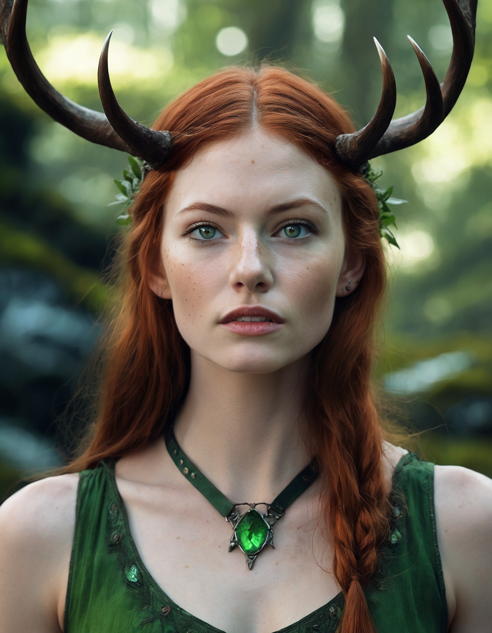 cinematic photo ((ohwx woman)) as a druid, perfect face, thin antlers, green halter top, ginger hair, abs, cinematic, frec...