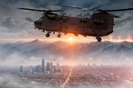 analog gloomy aerial photo of a black (Chinook helicopter, <lora:ch1n00k:0.8>), ((nighttime)), (flying low through a (city on fire)), city ruins, (urban combat), ((explosions in the background)), High Detail, Sharp focus, (photorealism), realistic, best quality, 8k, award winning, dramatic lighting, epic, cinematic, masterpiece, rim light, (action movie), ambient fog:1.5, war,  depth of field, dutch angle, motion blur,