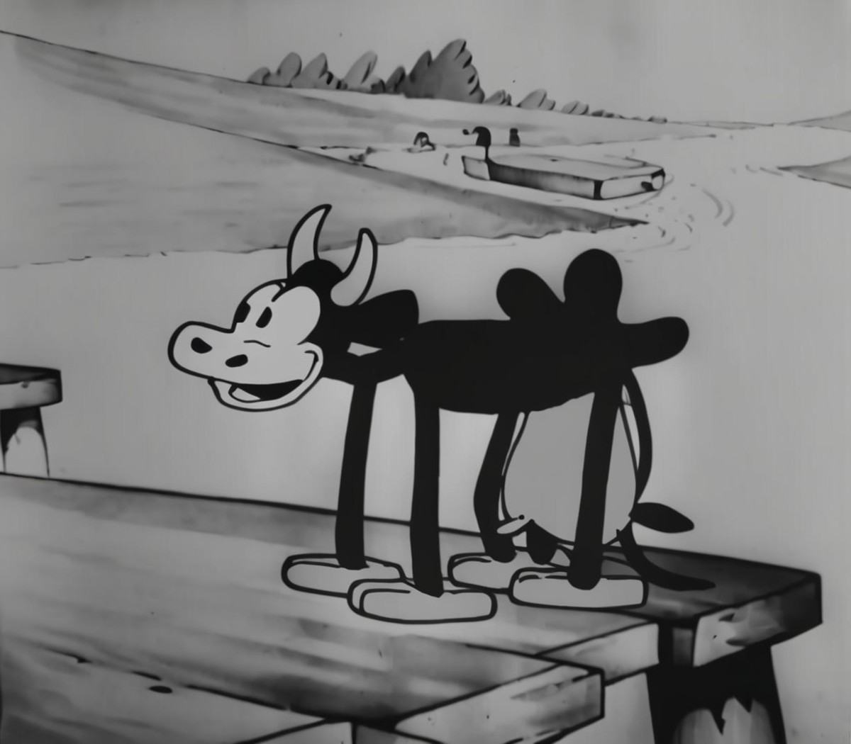 1920s animation, open mouth, skinny cow focus on pier, cow tail straight up, nature, scenery in the background
<lora:steam...