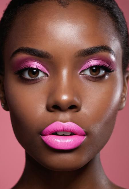 1girl, beautiful black skin woman, close-up face, stunning features, wearing pink lipstick, glossy lips, smooth skin texture, detailed expressive eyes, looking directly at the camera, natural makeup, softly glowing complexion, high-resolution image, pitch black background, high contrast, dramatic lighting emphasizing facial details, minimalist composition focusing on beauty and elegance, intricate skin textures, 8k RAW photo quality, best shadow effects, dark studio atmosphere, muted colors
