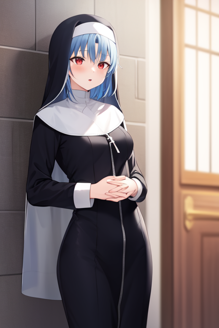 nun, own hands clasped, blue hair, red eyes, zipper, parted bangs, cross, medium breasts, standing, parted lips, veil