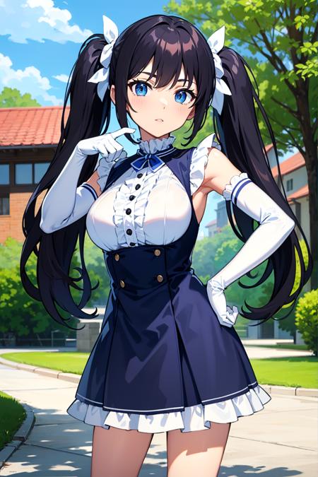 masterpiece, best quality, long hair, twintails, black hair, blue eyes, frilled dress, elbow gloves, outdoors, hand on hip,