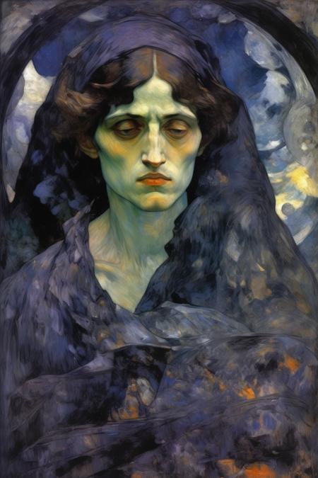 <lora:Mikhail Vrubel Style:1>Mikhail Vrubel Style - Create an artwork inspired by the haunting and enigmatic style of Mikhail Vrubel, known for his atmospheric and emotionally charged paintings that often feature dark, otherworldly themes. Incorporate elements of Vrubel's signature style, such as the use of bold, sweeping brushstrokes and intense, saturated colors that create a sense of drama and intensity. Consider exploring themes of mythology, folklore, and the supernatural, which were central to Vrubel's artistic vision. Use a dreamlike and surreal approach to your composition, and experiment with the interplay of light and dark, form and space, to create a piece that captures the eerie and evocative quality of Vrubel's work.