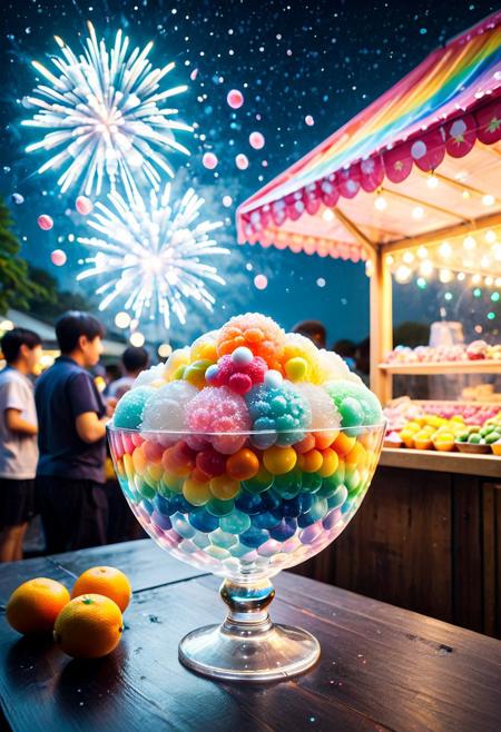 Sweet stall under fireworks
Prompt:
Summer Dessert (Shaved Ice)
[Rainbow Candy Products]
Core Features:
*Transparent*
*Low-saturation transparent color system*, uniform size, mixed round liquid,
Three exquisitely shaped teardrop-shaped heads placed in a transparent glass bowl,
Transparent, round, moist, light, randomly dotted (sakura petals, fruit cubes),
Soft (color: transparent starlight gradient galaxy),
Dotted with glitter and silver onions,
Randomly inlaid (sakura, roses, stars, oranges, mint leaves, lemons)
A lively summer festival at night, with colorful fireworks exploding in the dark sky above, casting streaks of light across the scene. In the foreground, a brightly illuminated snack stall with a cheerful vendor smiles as they present a bowl of the transparent water mochi. The stall is decorated with festive banners and small paper fans, and the air is filled with the excited chatter of the crowd and the lingering scent of summer treats.
Style Keywords:
Transparent, crystal, flowing, fresh, vibrant, festive, lively, commercial, summer, delicious, fireworks, night, cheerful.