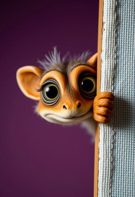 A whimsical creature peeks into the right side of a vertical canvas, its large, curious eyes staring directly into the frame as if observing the viewer. The frame itself appears to bend slightly, reacting to the creatureâs playful presence, creating the illusion that itâs part of the scene, Vibrant Glow