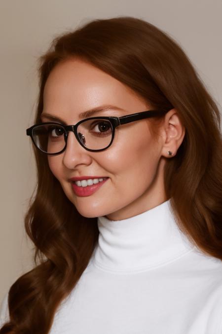 portrait photo, natural woman,high quality photo, perfect details and textures, highly detailed front view, perfect lighting, perfect composition, perfect lighting,<lora:xxcriscas-07:1> redhead xxcriscas with glasses and a white turtleneck