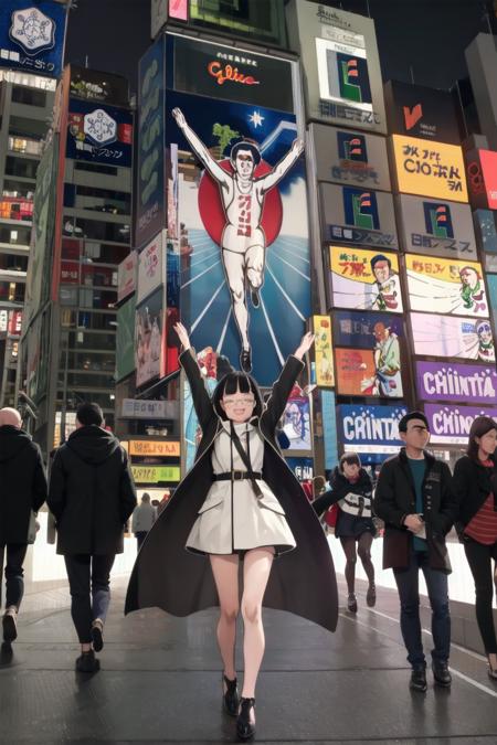 glico, osaka, japan, scenery, real world location, poster, (object), building, outdoors, realistic, photo background, neon light, neon sign