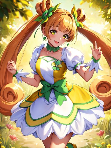 cure rosetta curly hair, long twintails, clover hair ornament, wrist cuffs, yellow dress, white boots, green ribbon