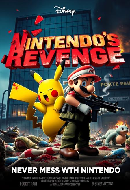 Create a Disney Pixar style movie poster, The title of the movie is ("Nintendo's Revenge") in an explosive dynsmic colorful big iconic 3D embossed font but chunks of the title are missing due to bullet holes and claw marks, poster shows a feral angry Pikachu with Fangs and Claws covered in blood and a Grizzled Mario in a military uniform smoking a cigar and carrying a heavy machine gun and has a white bandana with a red dot warped around his head, they are standing back to back.
On the ground there are the corpses of Digimon creatures, Monster Rancher creatures and in the background a glass facade office building labeled "POCKET PAIR" is left a smoldering ruin.
Underneath the movie title this text is written ("NEVER MESS WITH NINTENDO")
The movie poster has vivid colors with a color pallette that leans towards dark blues and greens and is very well rendered and extremely detailed, at the bottom are the names of fake actors usually seen on movie posters in cinema, including a fake release date in 2030 in a black font.