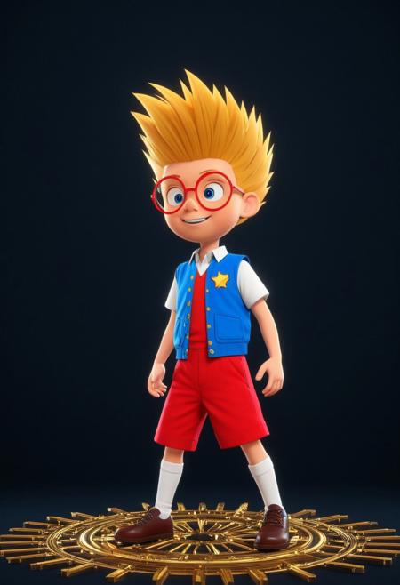 Character, Lewisrobinson, blonde spiky hair,red glasses, blue vest, red shorts, white shirt, cartoon style, brown shoes, white socks.  proud face, excited pose, in the style of golden future. gears are falling as meteor shower colored baroque geometric patterns float around the canvas in the style of colorful digital art. The image has a futurist aesthetic with a nice futuristic disorder and psychedelic color palette. Black background, neon lights, glitch art, surrealism, high contrast, vibrant colors, psychedelic patterns, ethereal glow. The overall mood should be one of happy tomorrow and hopefull beauty.It's like something in the style of science fiction.Lewisrobinson, cartoony, by ardidon