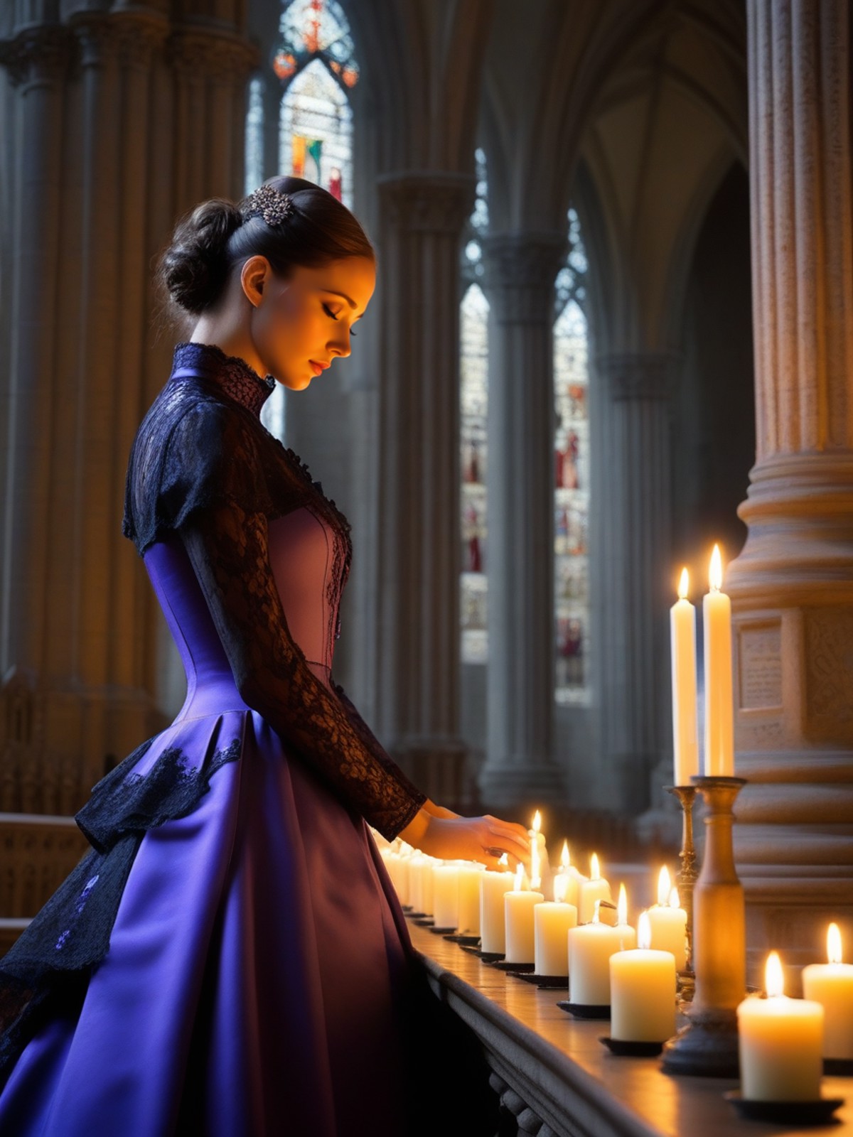 breathtaking woman wearing a purple (victorian dress), <lora:victorian_dress-XL-2.0:1>
candles, cathedral, stone pillar, p...