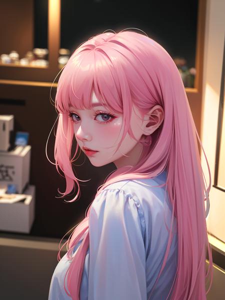 (8k, RAW photo, best quality, masterpiece:1.2), (realistic, photo-realistic:1.37), 1girl, professional lighting, radiosity, physically-based rendering, looking at the viewer, solo, pink hair, white nightdress, <lora:coco_style_1-000015:0.5>